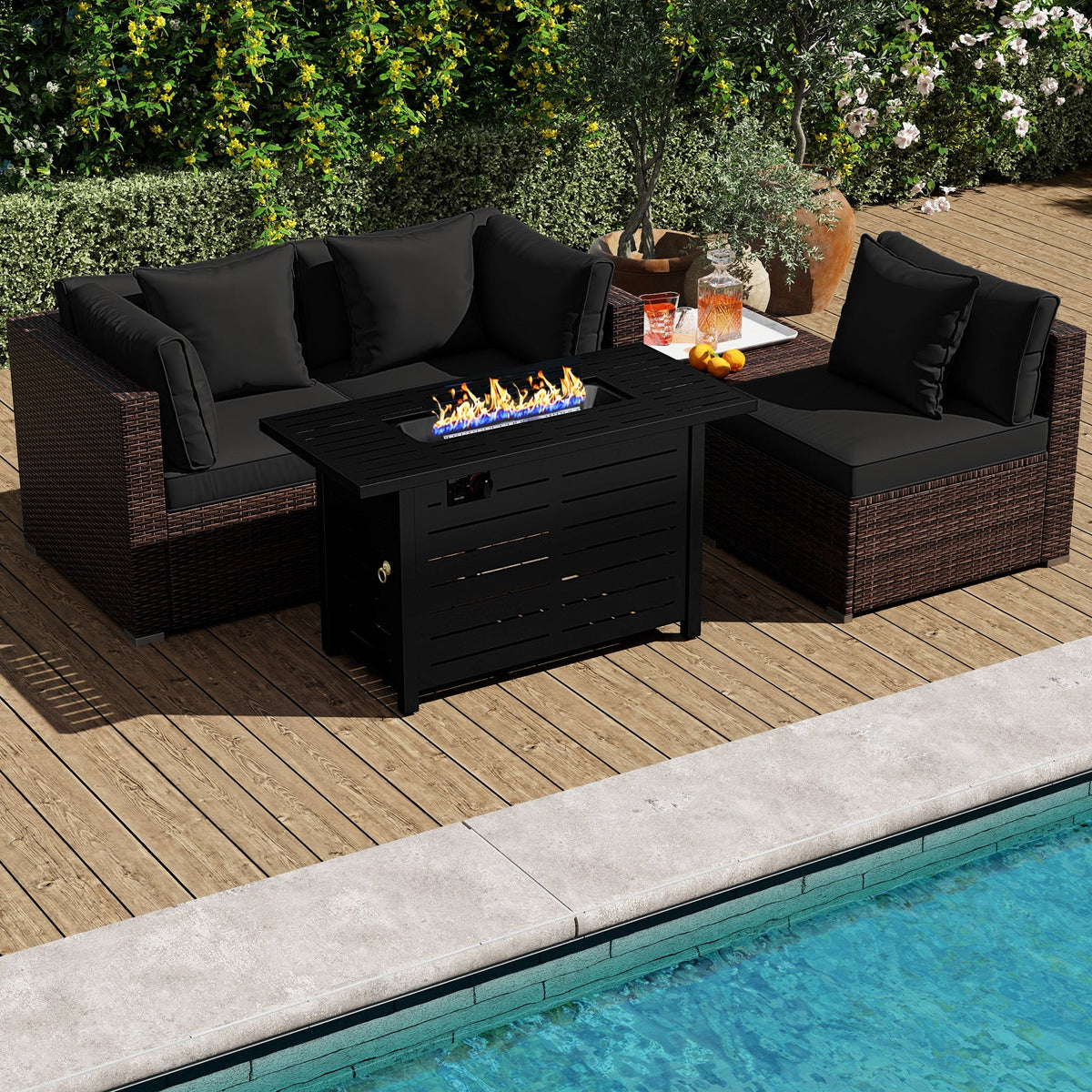 5-Piece Outdoor Rattan Sofa Set with 60,000 BTU Propane Fire Pit Table & Ottoman
