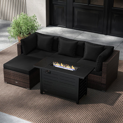 5-Piece Outdoor Rattan Sofa Set with 60,000 BTU Propane Fire Pit Table & Ottoman