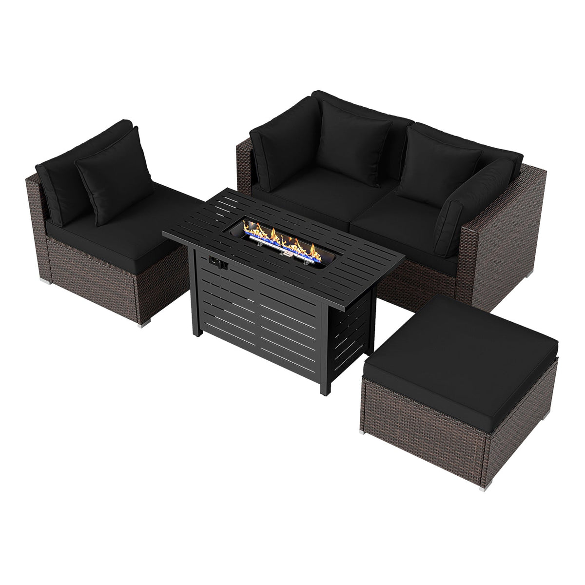 5-Piece Outdoor Rattan Sofa Set with 60,000 BTU Propane Fire Pit Table & Ottoman