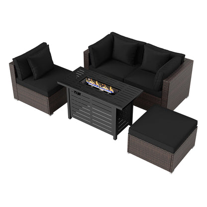 5-Piece Outdoor Rattan Sofa Set with 60,000 BTU Propane Fire Pit Table & Ottoman