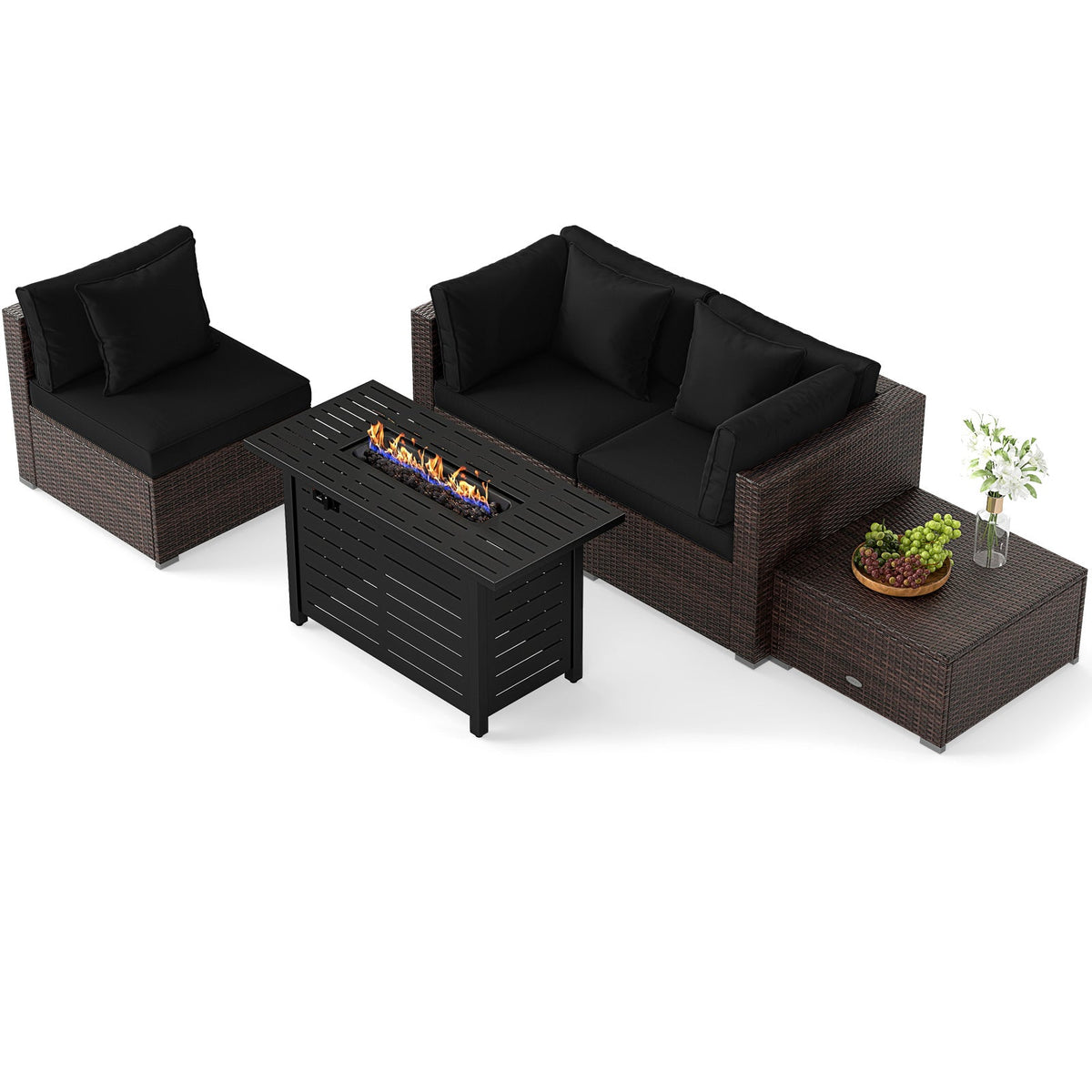 5-Piece Outdoor Rattan Sofa Set with 60,000 BTU Propane Fire Pit Table & Ottoman