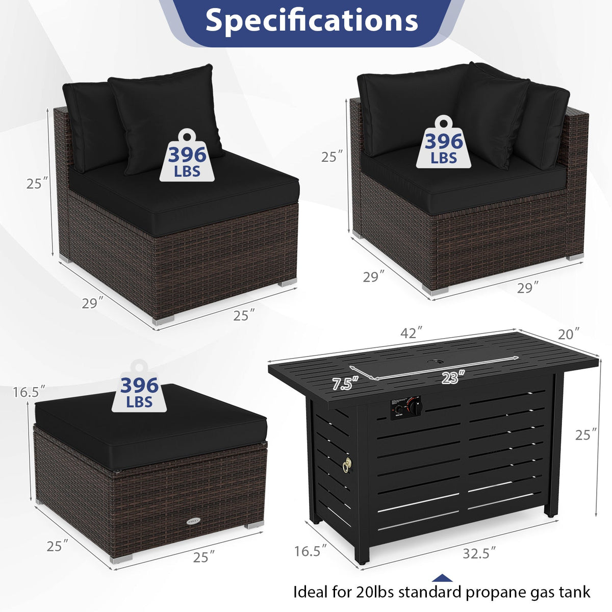 5-Piece Outdoor Rattan Sofa Set with 60,000 BTU Propane Fire Pit Table & Ottoman