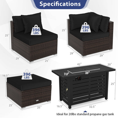 5-Piece Outdoor Rattan Sofa Set with 60,000 BTU Propane Fire Pit Table & Ottoman