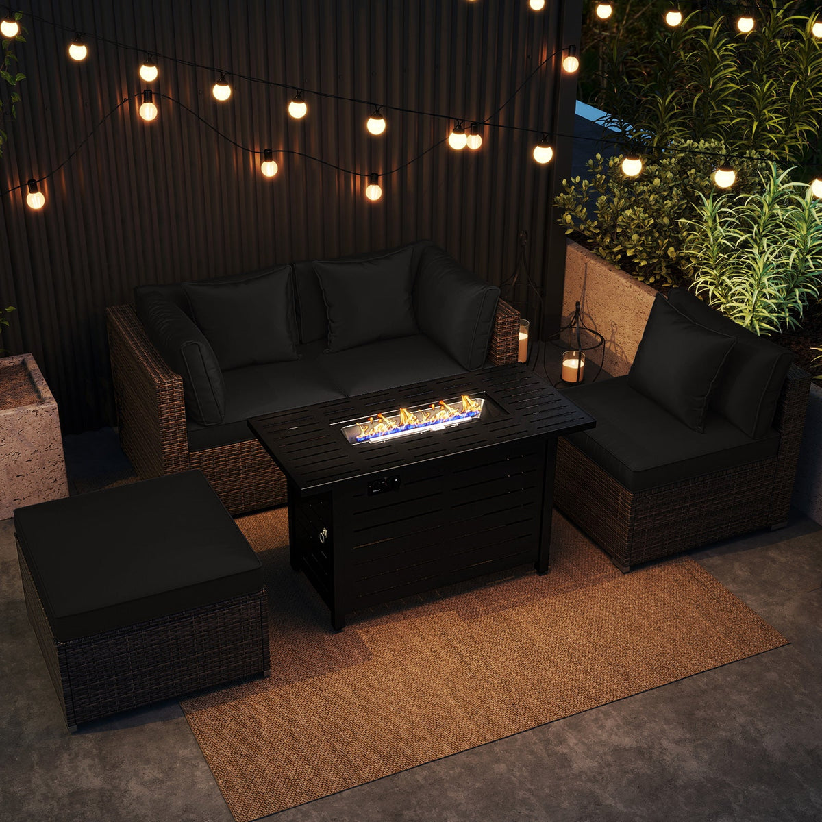 5-Piece Outdoor Rattan Sofa Set with 60,000 BTU Propane Fire Pit Table & Ottoman