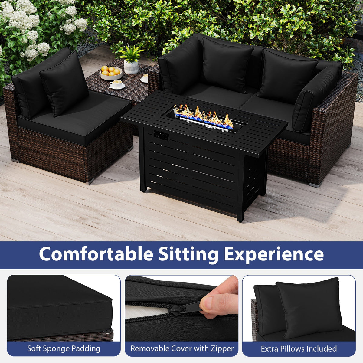 5-Piece Outdoor Rattan Sofa Set with 60,000 BTU Propane Fire Pit Table & Ottoman