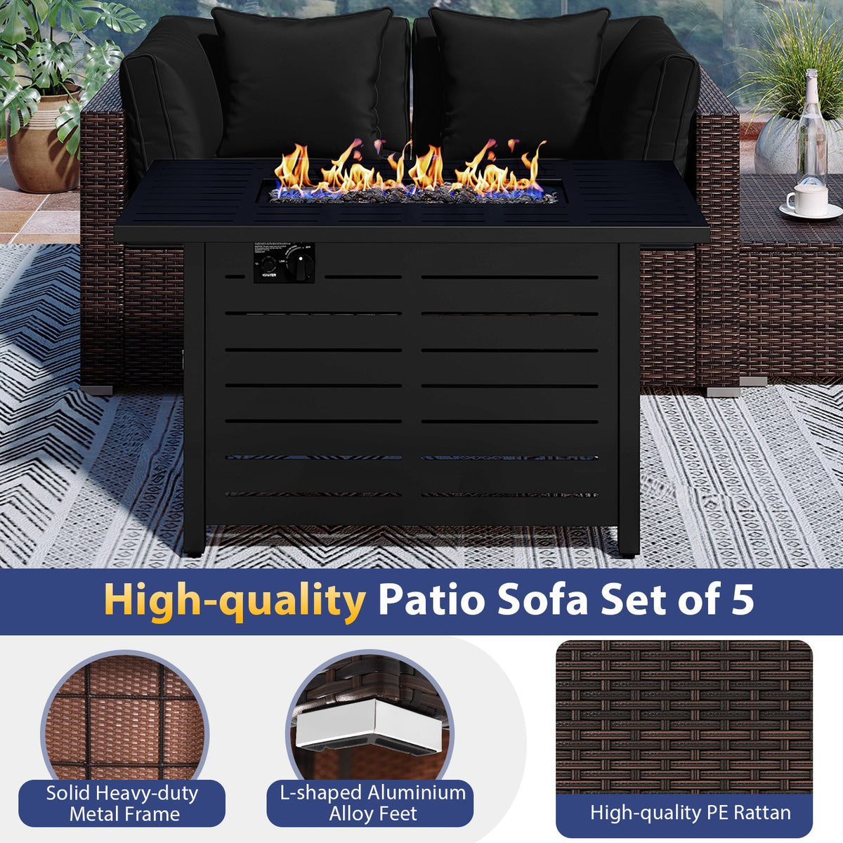 5-Piece Outdoor Rattan Sofa Set with 60,000 BTU Propane Fire Pit Table & Ottoman