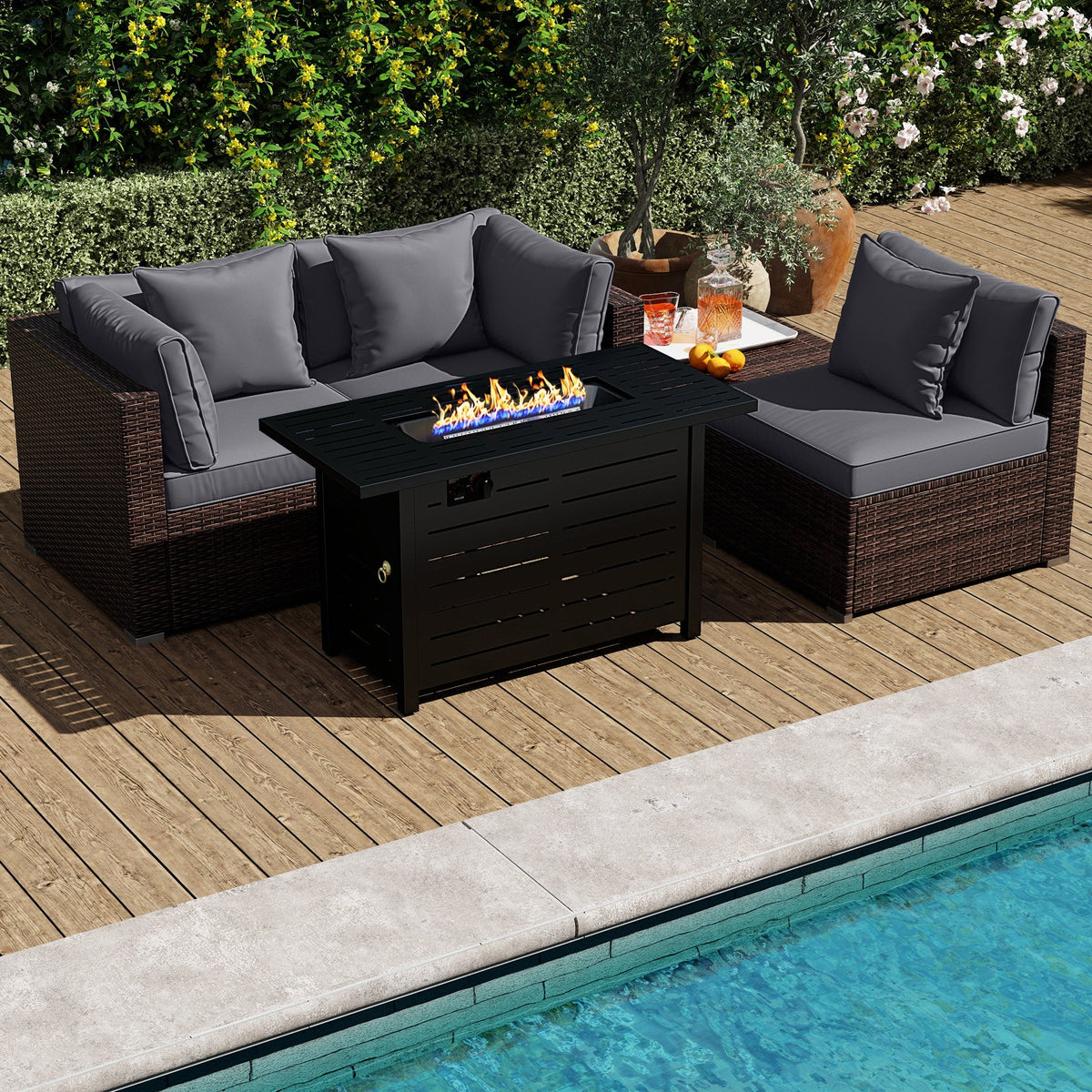 5-Piece Outdoor Rattan Sofa Set with 60,000 BTU Propane Fire Pit Table & Ottoman