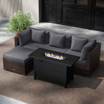5-Piece Outdoor Rattan Sofa Set with 60,000 BTU Propane Fire Pit Table & Ottoman