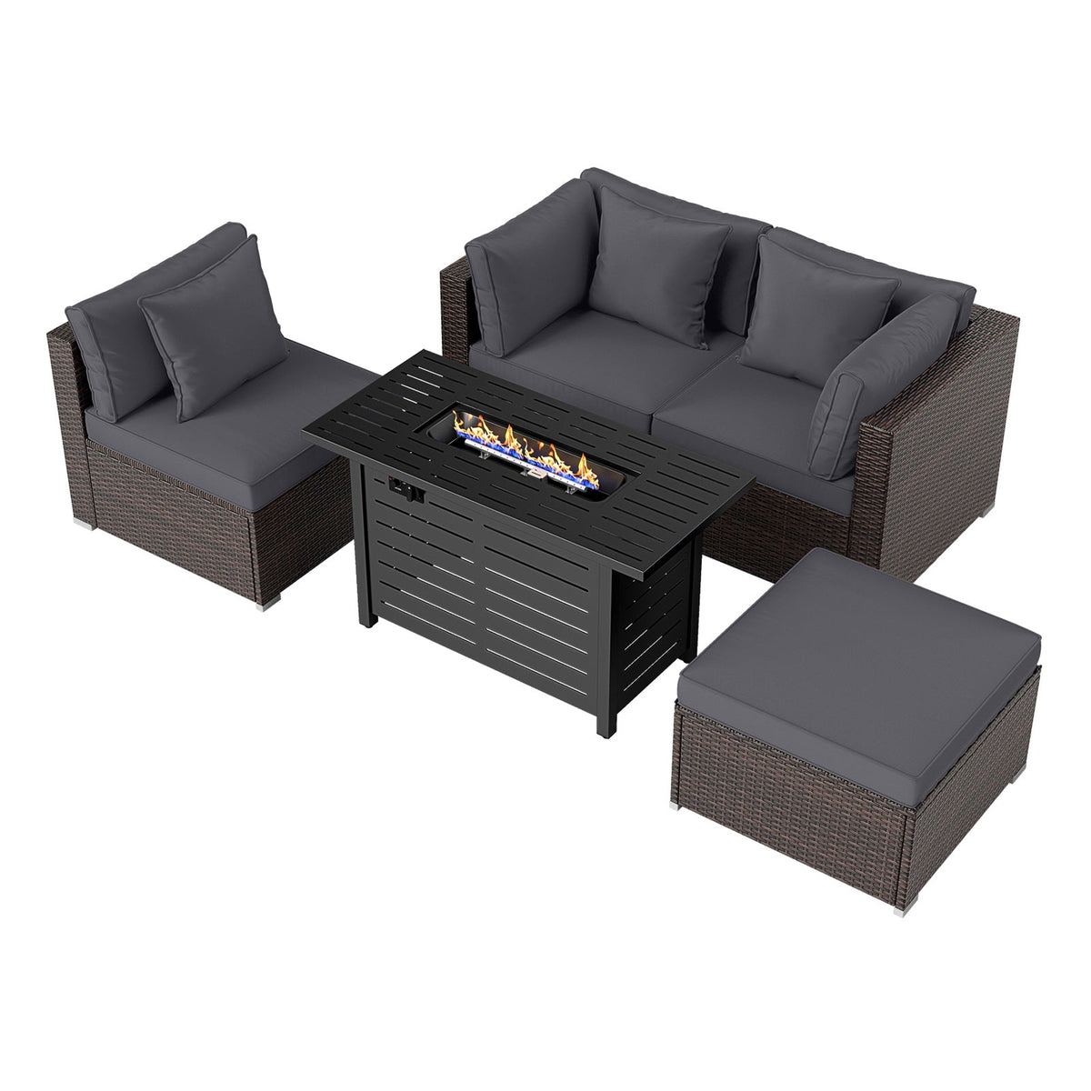 5-Piece Outdoor Rattan Sofa Set with 60,000 BTU Propane Fire Pit Table & Ottoman