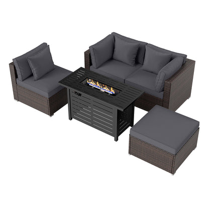 5-Piece Outdoor Rattan Sofa Set with 60,000 BTU Propane Fire Pit Table & Ottoman