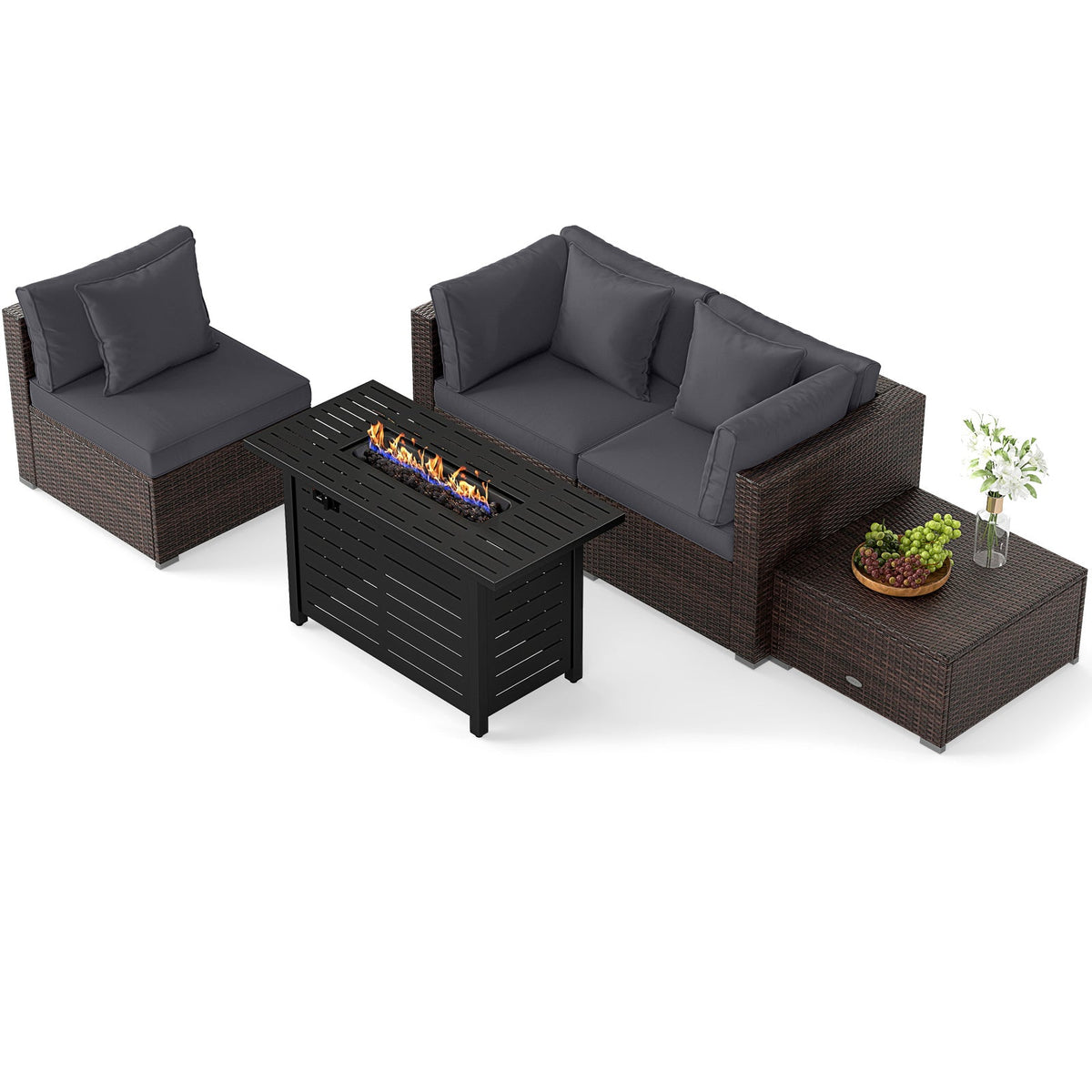 5-Piece Outdoor Rattan Sofa Set with 60,000 BTU Propane Fire Pit Table & Ottoman