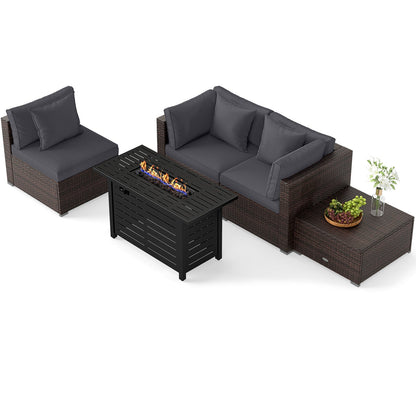 5-Piece Outdoor Rattan Sofa Set with 60,000 BTU Propane Fire Pit Table & Ottoman