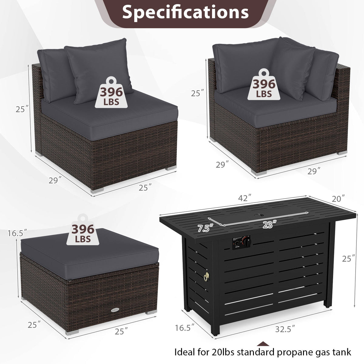 5-Piece Outdoor Rattan Sofa Set with 60,000 BTU Propane Fire Pit Table & Ottoman