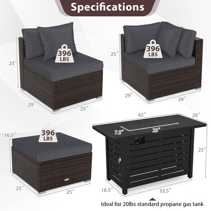 5-Piece Outdoor Rattan Sofa Set with 60,000 BTU Propane Fire Pit Table & Ottoman