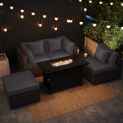 5-Piece Outdoor Rattan Sofa Set with 60,000 BTU Propane Fire Pit Table & Ottoman