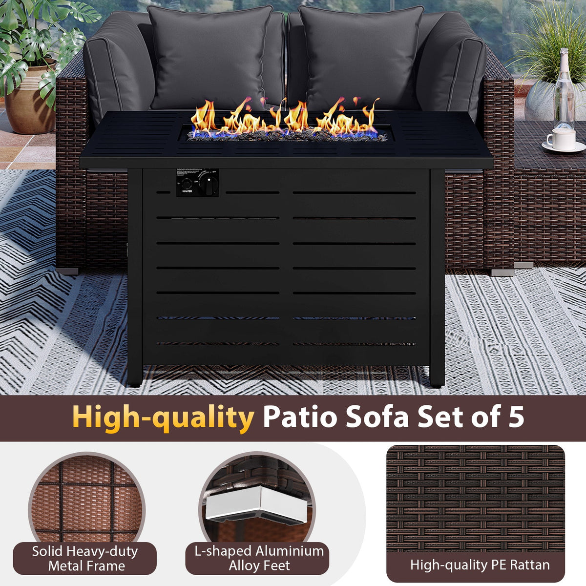 5-Piece Outdoor Rattan Sofa Set with 60,000 BTU Propane Fire Pit Table & Ottoman
