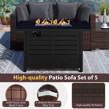 5-Piece Outdoor Rattan Sofa Set with 60,000 BTU Propane Fire Pit Table & Ottoman