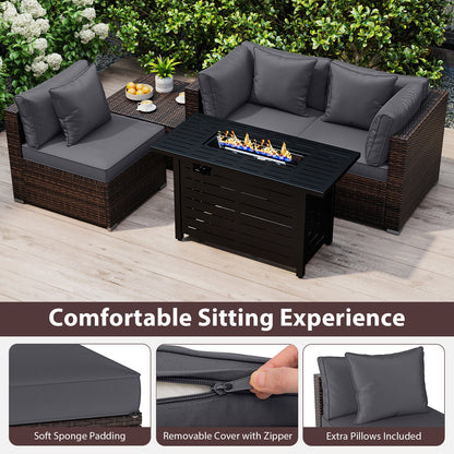 5-Piece Outdoor Rattan Sofa Set with 60,000 BTU Propane Fire Pit Table & Ottoman