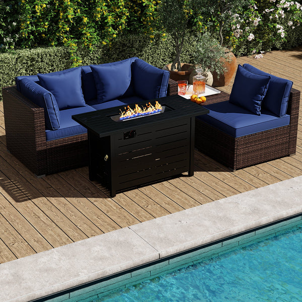 5-Piece Outdoor Rattan Sofa Set with 60,000 BTU Propane Fire Pit Table & Ottoman