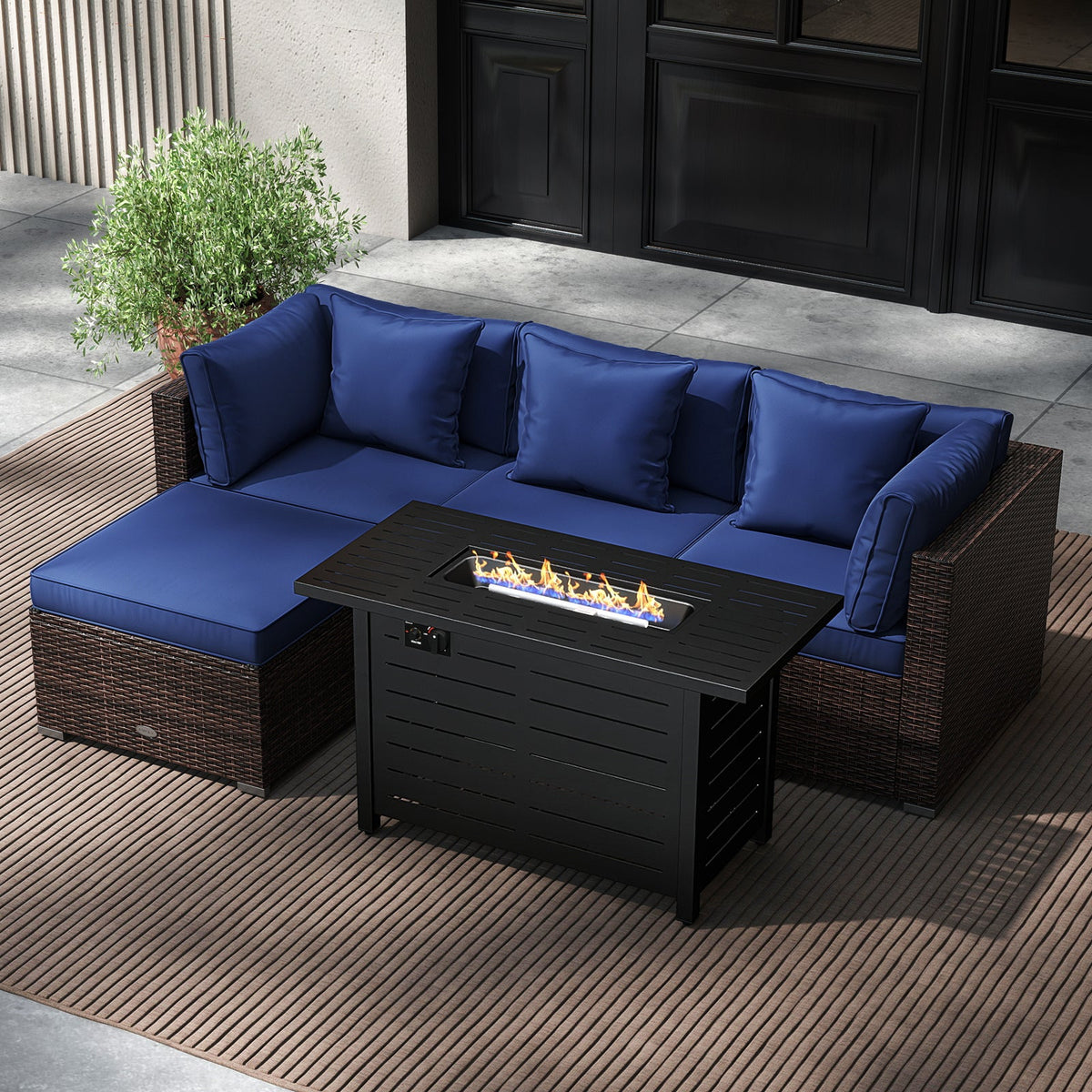 5-Piece Outdoor Rattan Sofa Set with 60,000 BTU Propane Fire Pit Table & Ottoman