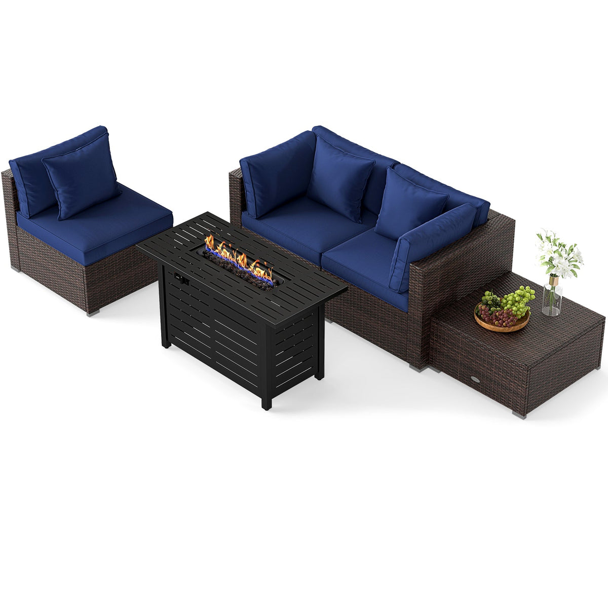 5-Piece Outdoor Rattan Sofa Set with 60,000 BTU Propane Fire Pit Table & Ottoman