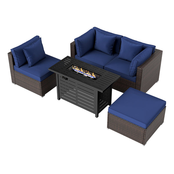 5-Piece Outdoor Rattan Sofa Set with 60,000 BTU Propane Fire Pit Table & Ottoman