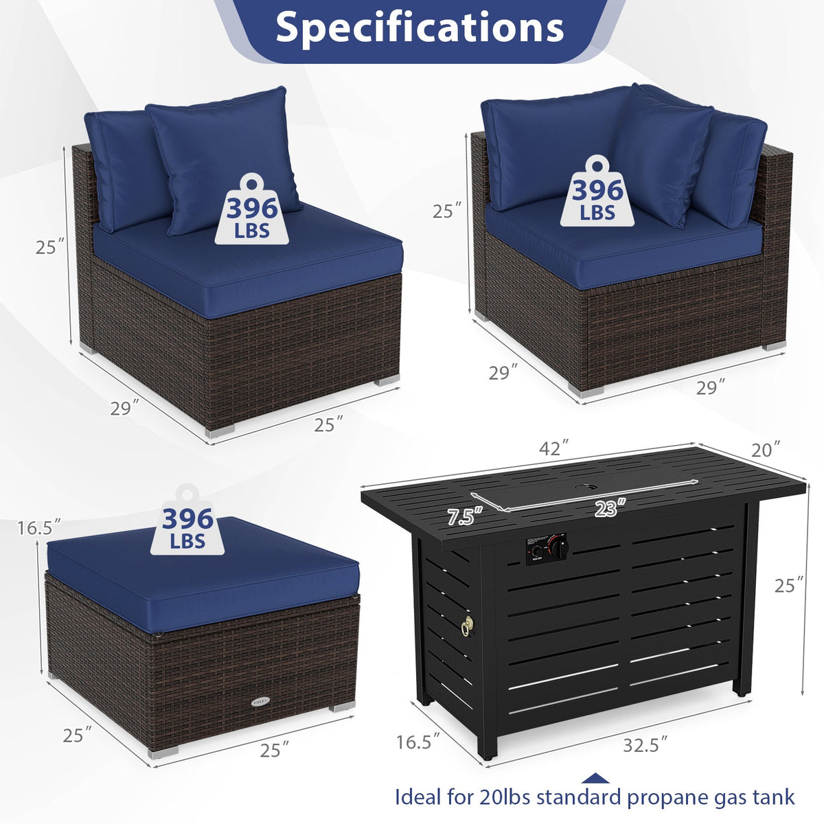 5-Piece Outdoor Rattan Sofa Set with 60,000 BTU Propane Fire Pit Table & Ottoman