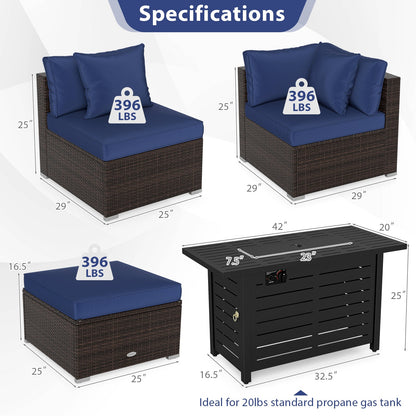 5-Piece Outdoor Rattan Sofa Set with 60,000 BTU Propane Fire Pit Table & Ottoman