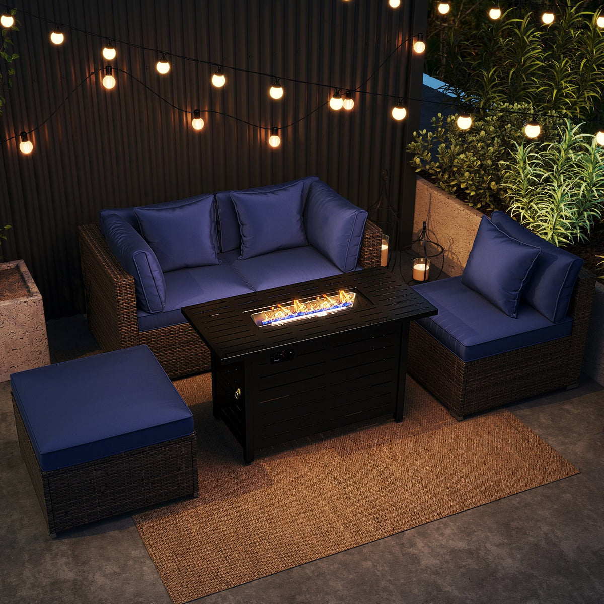 5-Piece Outdoor Rattan Sofa Set with 60,000 BTU Propane Fire Pit Table & Ottoman
