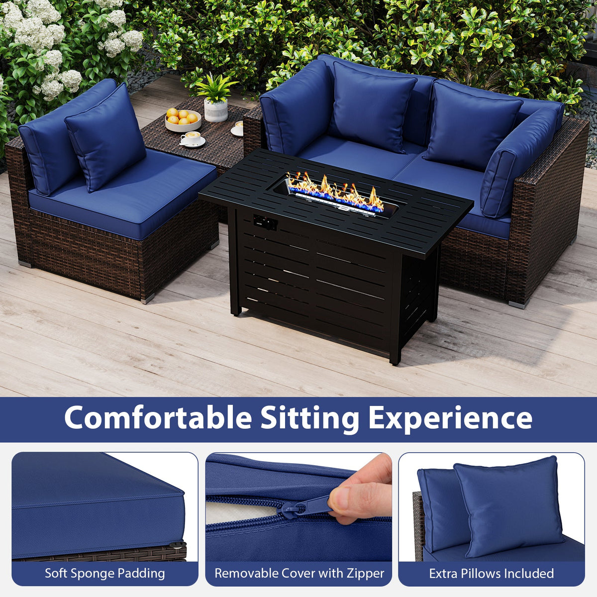 5-Piece Outdoor Rattan Sofa Set with 60,000 BTU Propane Fire Pit Table & Ottoman