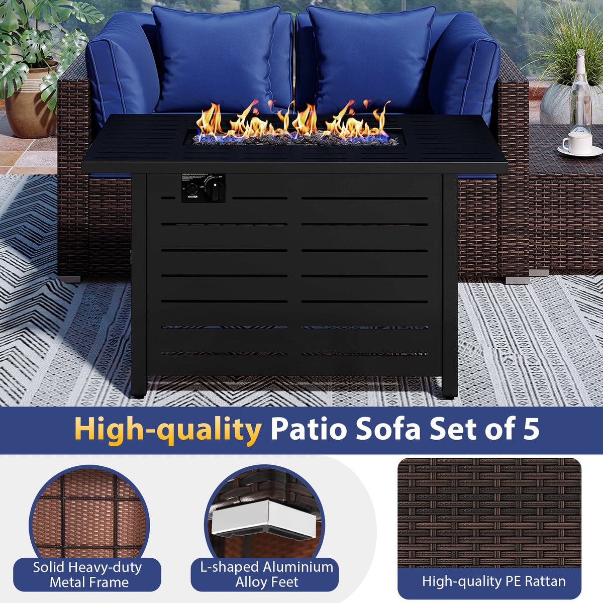 5-Piece Outdoor Rattan Sofa Set with 60,000 BTU Propane Fire Pit Table & Ottoman