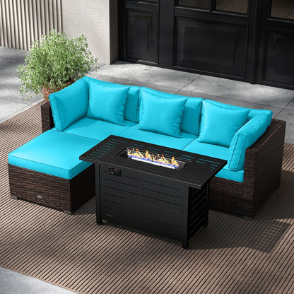 5-Piece Outdoor Rattan Sofa Set with 60,000 BTU Propane Fire Pit Table & Ottoman