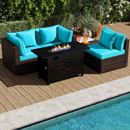 5-Piece Outdoor Rattan Sofa Set with 60,000 BTU Propane Fire Pit Table & Ottoman