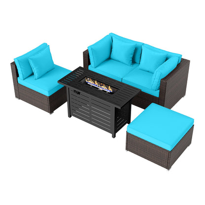5-Piece Outdoor Rattan Sofa Set with 60,000 BTU Propane Fire Pit Table & Ottoman