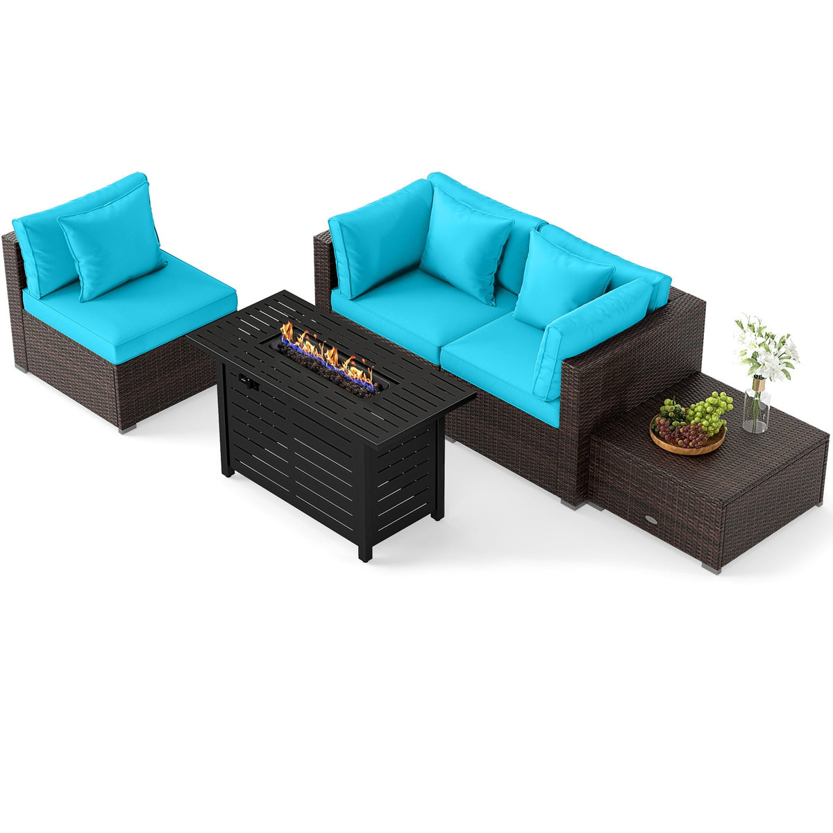 5-Piece Outdoor Rattan Sofa Set with 60,000 BTU Propane Fire Pit Table & Ottoman