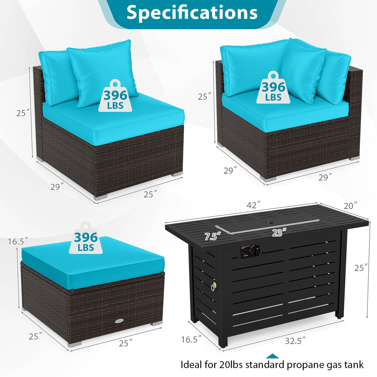 5-Piece Outdoor Rattan Sofa Set with 60,000 BTU Propane Fire Pit Table & Ottoman