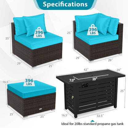 5-Piece Outdoor Rattan Sofa Set with 60,000 BTU Propane Fire Pit Table & Ottoman