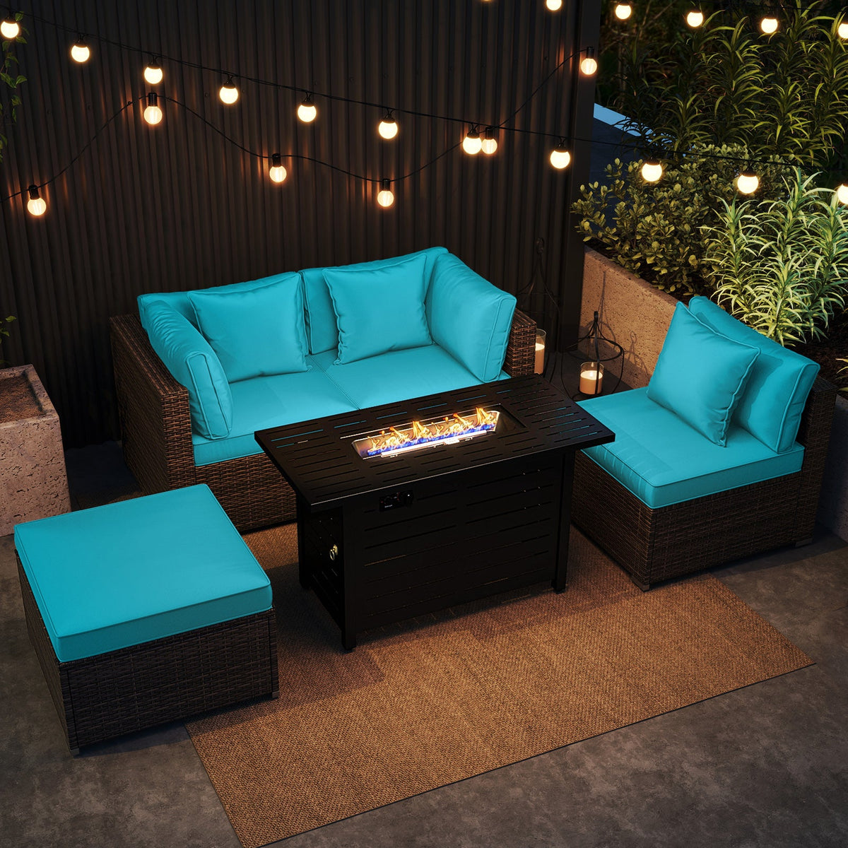 5-Piece Outdoor Rattan Sofa Set with 60,000 BTU Propane Fire Pit Table & Ottoman