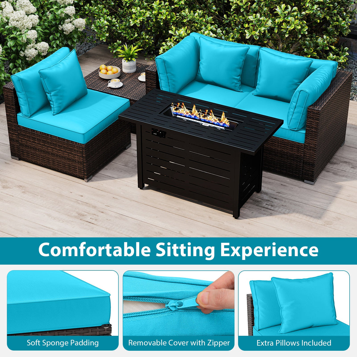 5-Piece Outdoor Rattan Sofa Set with 60,000 BTU Propane Fire Pit Table & Ottoman