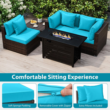 5-Piece Outdoor Rattan Sofa Set with 60,000 BTU Propane Fire Pit Table & Ottoman