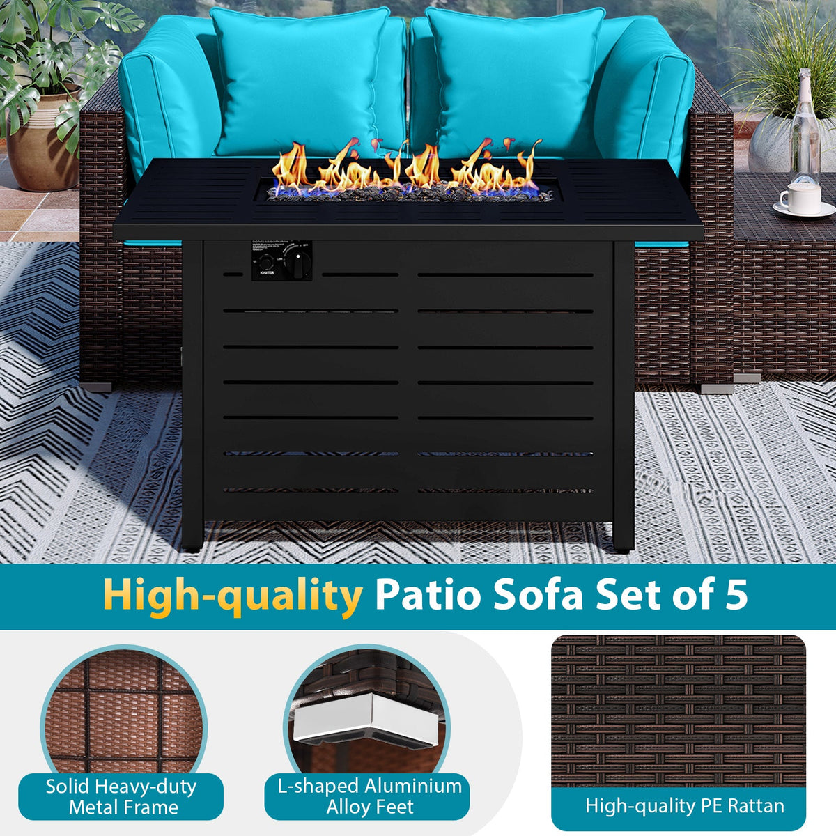 5-Piece Outdoor Rattan Sofa Set with 60,000 BTU Propane Fire Pit Table & Ottoman