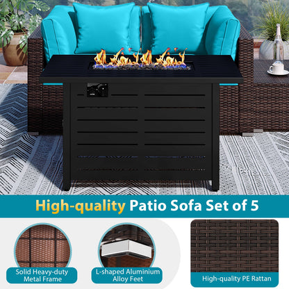 5-Piece Outdoor Rattan Sofa Set with 60,000 BTU Propane Fire Pit Table & Ottoman