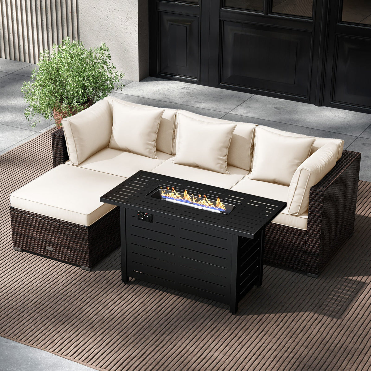 5-Piece Outdoor Rattan Sofa Set with 60,000 BTU Propane Fire Pit Table & Ottoman