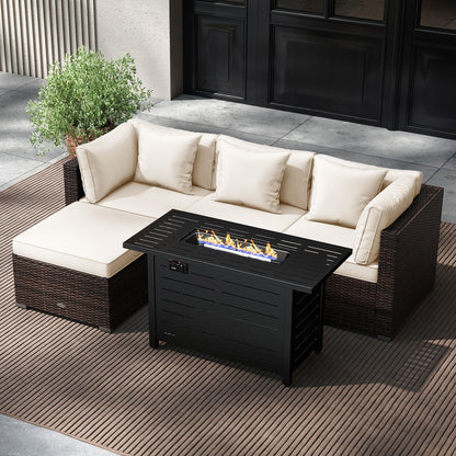 5-Piece Outdoor Rattan Sofa Set with 60,000 BTU Propane Fire Pit Table & Ottoman