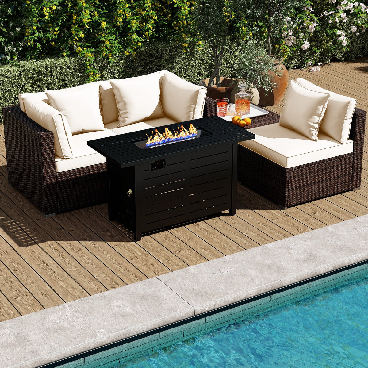5-Piece Outdoor Rattan Sofa Set with 60,000 BTU Propane Fire Pit Table & Ottoman