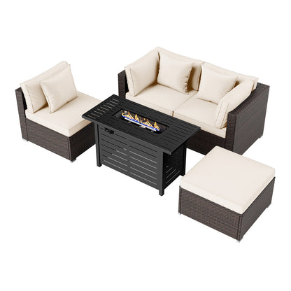 5-Piece Outdoor Rattan Sofa Set with 60,000 BTU Propane Fire Pit Table & Ottoman