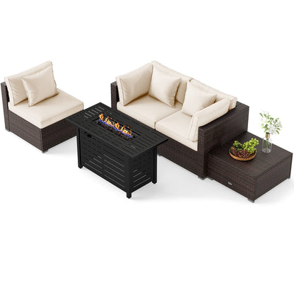 5-Piece Outdoor Rattan Sofa Set with 60,000 BTU Propane Fire Pit Table & Ottoman