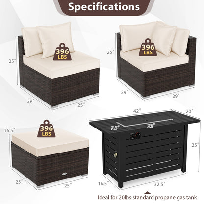 5-Piece Outdoor Rattan Sofa Set with 60,000 BTU Propane Fire Pit Table & Ottoman