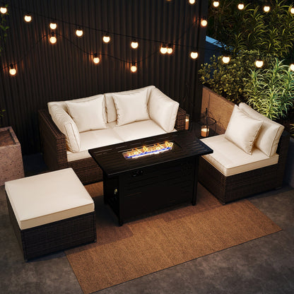 5-Piece Outdoor Rattan Sofa Set with 60,000 BTU Propane Fire Pit Table & Ottoman