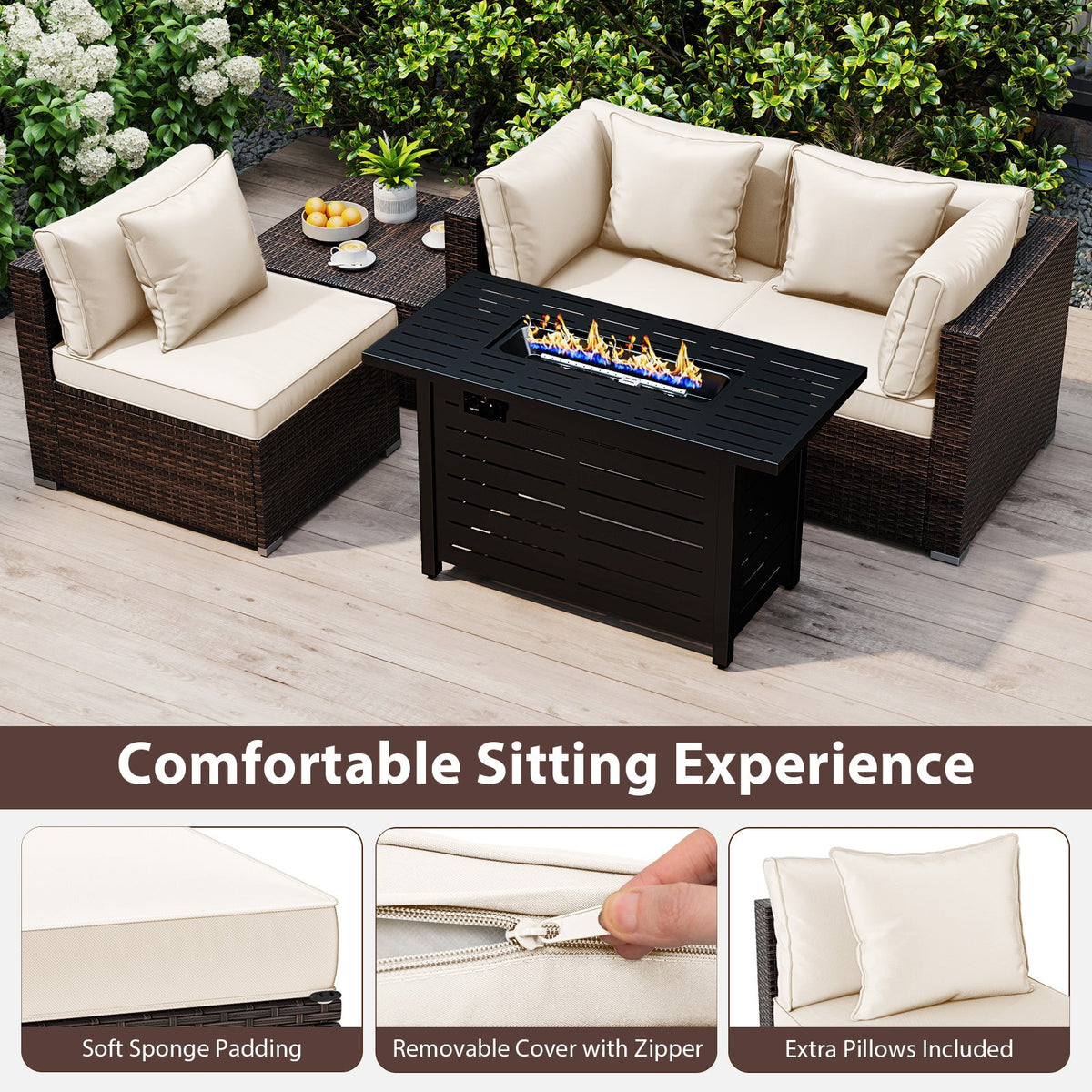5-Piece Outdoor Rattan Sofa Set with 60,000 BTU Propane Fire Pit Table & Ottoman